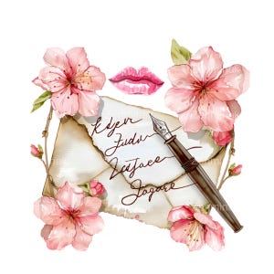 11 PNG Carta romántica de primavera PNG clipart con flores de cerezo rosa, nota escrita a mano, beso de lápiz labial y pluma fuente