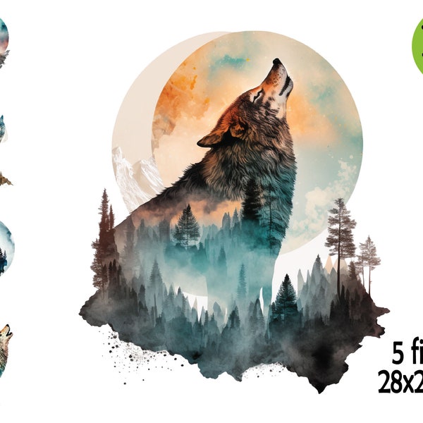 Wolf Double Exposure Clipart, Watercolor Nature Lover Shirt PNG, Gift for Him,