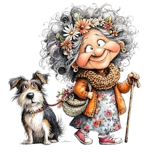 May include: A whimsical illustration of an elderly person with gray curly hair adorned with flowers, wearing a floral dress and carrying a basket of flowers. A small dog on a leash accompanies them, creating a charming, heartwarming scene.