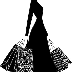 8 SVG エレガントなショッピング女性 SVG カットファイル、ヒールにバッグ、帽子をかぶった女性のシルエット、クリカットやクラフト用ファッションクリップアート