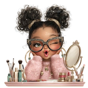 May include: Illustration of a girl winking, wearing large black and gold-rimmed glasses, and a pink sweater. She has dark curly hair in two buns with gold accents. Makeup brushes, bottles, and a mirror are on a pink shelf.