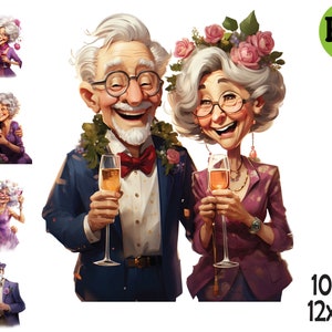 10 PNG Elderly couple clipart – Funny grandparents with wine PNG – Senior celebration digital art for anniversary and party invitations