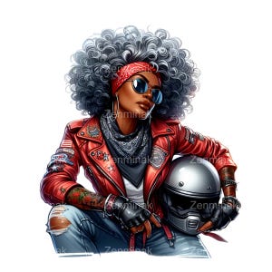 14 Clipart PNG femme motard, femme élégante avec casque, cheveux afro, veste rouge, bandana, lunettes et gants