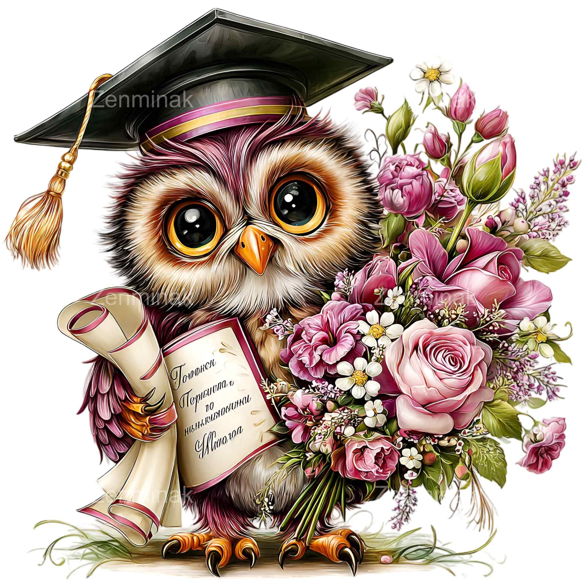 10 PNG Graduation Owl Clipart, Diploma Bouquet Floral Graduate School Celebration
