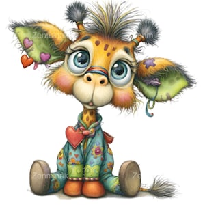 May include: A charming illustration of a giraffe with big blue eyes, dressed in a teal floral patterned outfit and holding a red heart. The giraffe has large ears with heart-shaped accents and the text "Zenminak".