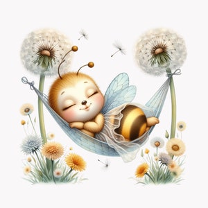 10 lindas abejas durmiendo PNG Clipart: Hamaca de diente de león, alas de ensueño, flores amarillas, arte de insectos primaverales pacíficos