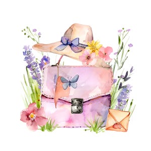 15 PNG sac d'été PNG Clipart, sac à main floral aquarelle avec chapeau et enveloppe illustration, art jardin de papillons