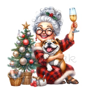 12 PNG面白いクリスマスおばあちゃん – ホリデーPNGクリップアート – 犬、木、プレゼント、シャンパンを持った年配の女性、お祝いの工芸品やカード用