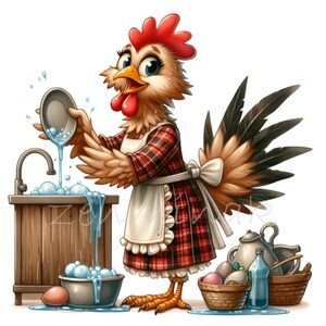 12 cliparts PNG drôle de poulet, poule faisant la vaisselle, illustration d'animaux de ferme, poule de cuisine de campagne, dessin animé de poulet de ferme PNG