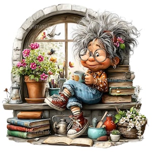 May include: A charming cartoon illustration of a character with glasses and grey hair, enjoying a cup on a window ledge. The scene features books, flowers, a teapot, and a basket of white flowers, creating a cosy and inviting atmosphere.