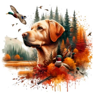 Puede incluir: Un perro golden retriever con un fondo borroso de un bosque con follaje de otoño y patos. El perro está mirando hacia la izquierda de la imagen.