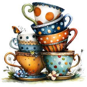 Puede incluir: Ilustración de seis tazas de té apiladas en tonos azules, naranjas y amarillos. Cada taza presenta un patrón único, incluyendo lunares y diseños florales. Una mariposa se posa sobre una de las tazas. Estilo acuarela.