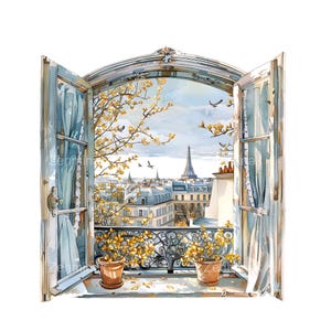 15 imágenes PNG de ventanas parisinas de primavera, ilustración de balcón con vista a la Torre Eiffel, arte de escena urbana con flores amarillas, descarga digital