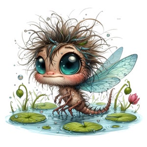 14 schattig harig libel wezen PNG-clipart – Big-Eyed Fantasy Bug in vijver met waterlelies, nat haar, vleugels, grillige kunst