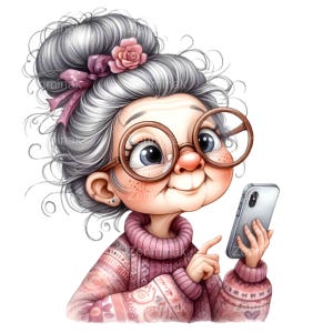 May include: A cartoon illustration of a woman with grey hair, wearing pink glasses, a pink sweater, and holding a silver smartphone.