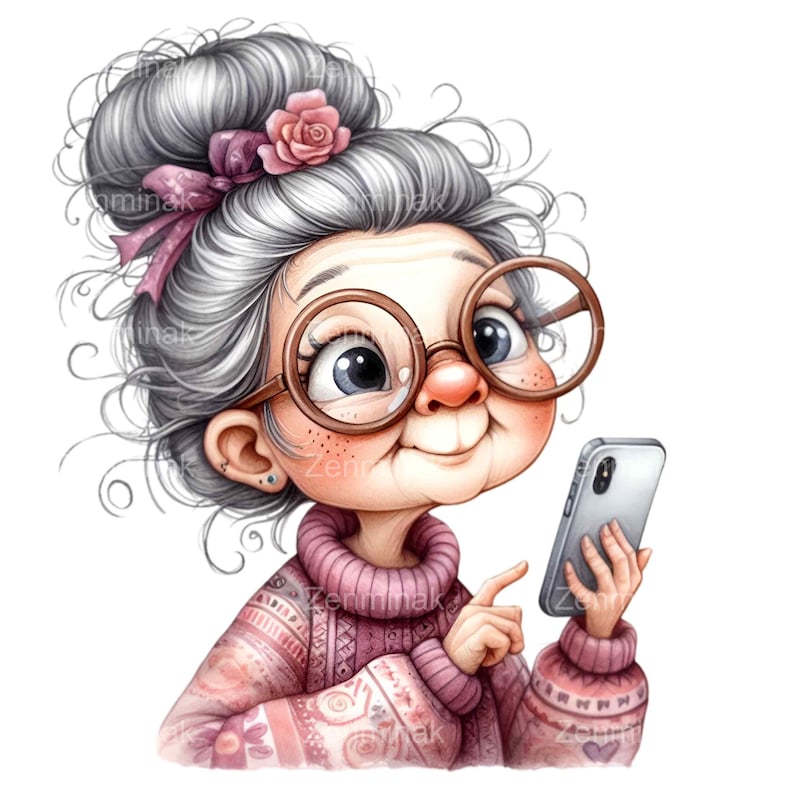May include: A cartoon illustration of a woman with grey hair, wearing pink glasses, a pink sweater, and holding a silver smartphone.