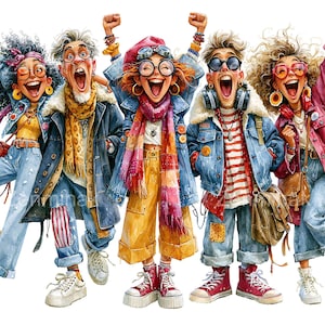 May include: Five individuals with joyful expressions, wearing denim jackets, colorful scarves, patterned shirts, and sneakers. They are posed with arms raised, showcasing layered outfits with accessories like glasses, headphones, and bags against a white background.