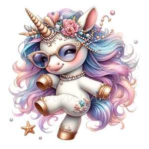 Image clipart licorne fantaisie PNG - Image PNG pastel - Jolie licorne à crinière arc-en-ciel avec perles, lunettes, fleurs et étoiles de mer pour une décoration créative amusante