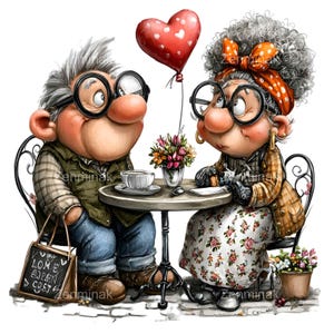 以下が含まれることがあります： 赤いハートの風船を持つ、カフェのテーブルにいる老夫婦のイラスト。男性はメガネ、ベスト、ジーンズを着用し、看板を持っています。女性はメガネ、花柄のドレス、水玉模様のスカーフを着用しています。テーブルにはコーヒーカップと花があります。