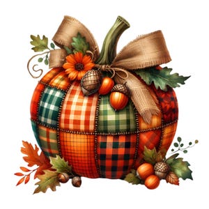 Puede incluir: Una calabaza de patchwork con un lazo de arpillera marr&oacute;n y hojas de oto&ntilde;o. La calabaza est&aacute; decorada con un patr&oacute;n de cuadros en tonos de verde, naranja y rojo.