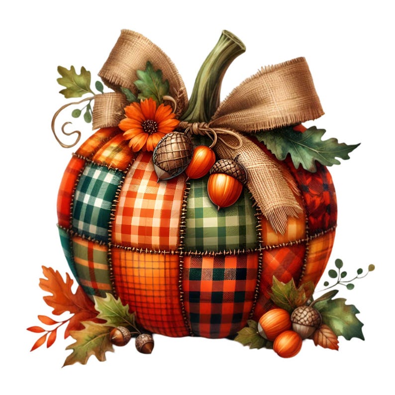 Puede incluir: Una calabaza de patchwork con un lazo de arpillera marr&oacute;n y hojas de oto&ntilde;o. La calabaza est&aacute; decorada con un patr&oacute;n de cuadros en tonos de verde, naranja y rojo.