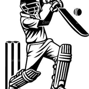 10 Cricket Player SVG Cut File, sylwetka Batsmana z piłką i wicketami, Sportowe cliparty dla Cricut i sylwetki