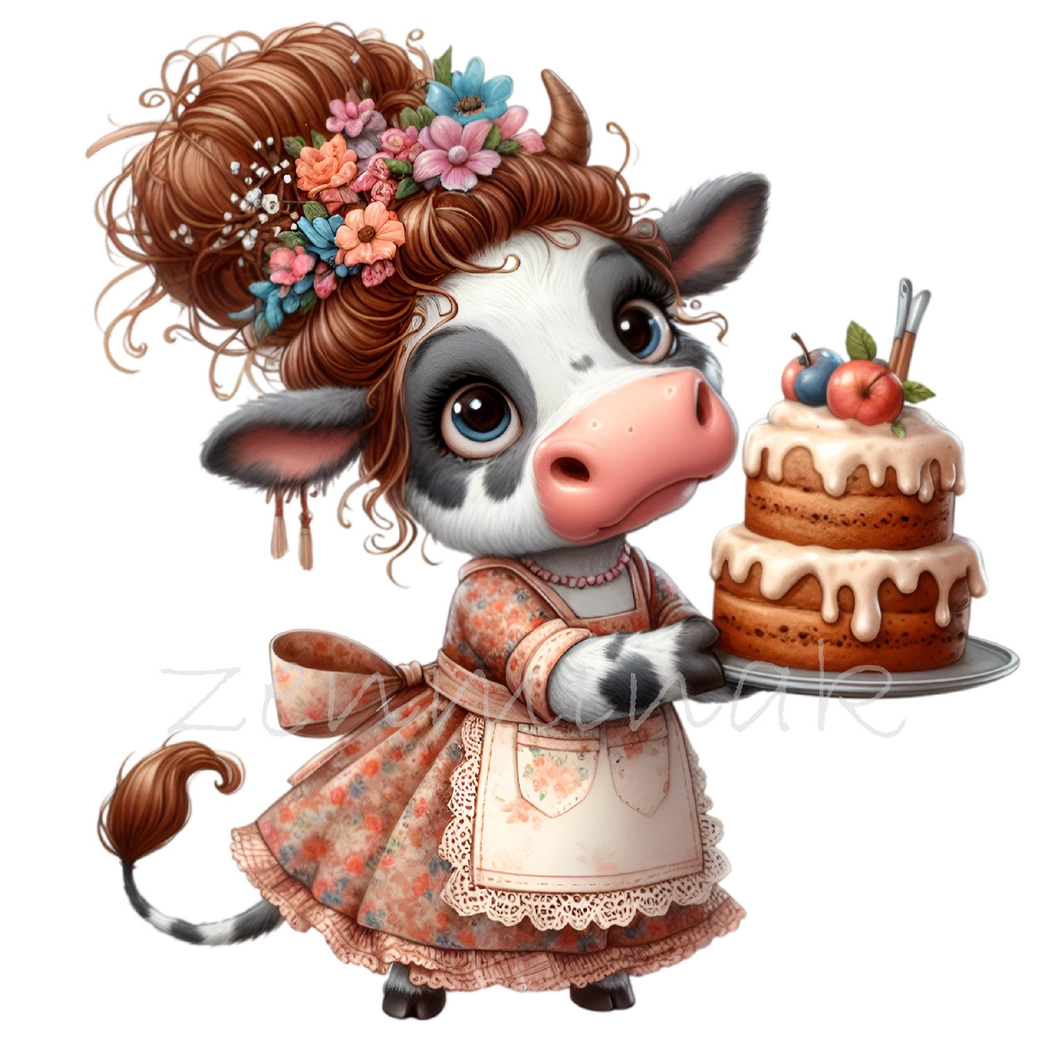 12 PNG Cute Cow Baker Clipart – Cartoon Cow With Flower Cake PNG ...