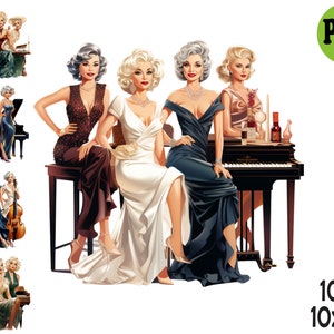 10 PNG Vintage Lady PNG – Eleganckie retro damy w wieczorowych sukniach z pianinem i koktajlami, idealne do sztuki modowej, dekoracji muzycznej lub zaproszeń