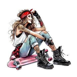15 coole skater-meisjes, png-afbeeldingen – getatoeëerde vrouw met roze skateboard, laarzen en bandana – hipster-kunstillustratie in grunge-stijl