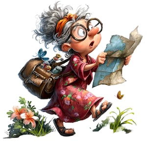 Op de afbeelding: Een cartoon illustratie van een oudere vrouw met grijs haar en een bril, gekleed in een rode bloemenjurk en sandalen, met een bruine tas. Ze bekijkt een kaart met een verbaasde uitdrukking. Een vlinder en bloemen zijn ook aanwezig.