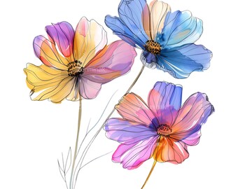 17 水彩画の花のPNGクリップアート – 青、ピンク、オレンジ、紫の色調
