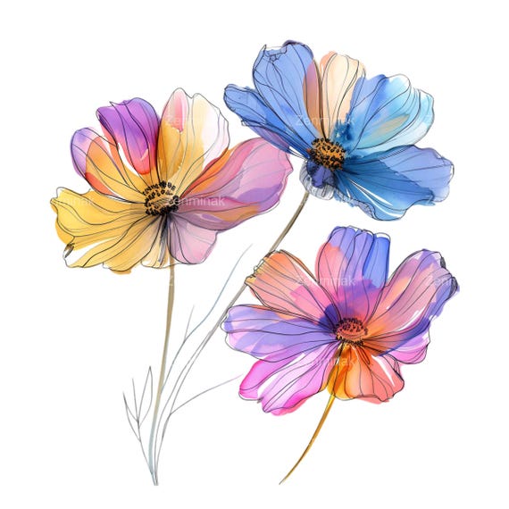 水彩画(花)№207 17 水彩画の花のPNGクリップアート – 青、ピンク、オレンジ、紫の色調