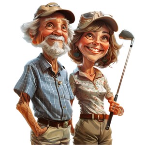 May include: A caricature of a couple, a man and a woman, wearing hats and casual clothing. The woman is holding a golf club.