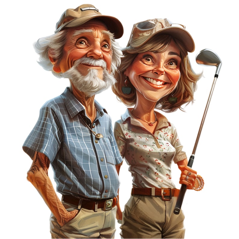 May include: A caricature of a couple, a man and a woman, wearing hats and casual clothing. The woman is holding a golf club.