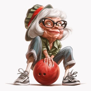 10 PNG Divertenti Nonne che Giocano a Bowling - Clipart PNG di Anziane Stravaganti con Occhiali e Palla - Personaggio Umoristico per Adesivi e Progetti Artigianali