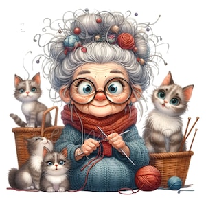 Vovó Tricotando Crochê com Gatos, Engraçado Senhora Idosa clipart 12 PNG Ilustração