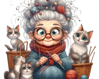 May include: A smiling woman with gray hair and glasses is knitting with red yarn. She is surrounded by three gray and white kittens. The woman is wearing a blue sweater and a red scarf. There are balls of yarn and knitting needles in the scene.