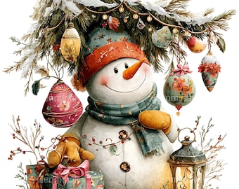 May include: Watercolor illustration of a smiling snowman wearing a teal scarf and orange hat. The snowman has a carrot nose and is surrounded by Christmas ornaments, gifts, and a lantern. The image has a festive, winter holiday theme.
