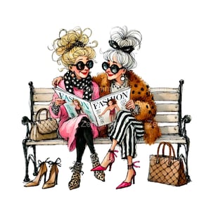 16 clipart grand-mère à la mode PNG - élégantes dames âgées sur un banc avec des magazines - téléchargement numérique pour travaux manuels et décoration