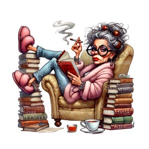 15 imágenes PNG de mujeres lectoras extravagantes, ilustraciones de dibujos animados con libros, imágenes prediseñadas de mujeres fumando para proyectos divertidos de bricolaje