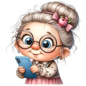 May include: A cartoon illustration of a grandmother with grey hair, wearing glasses and a pink dress, holding a blue smartphone.