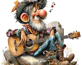 Può includere: Un'illustrazione stravagante di un uomo anziano con una lunga barba bianca, che indossa un cappello da cowboy e suona una chitarra acustica. È seduto su una roccia, vestito con una camicia a quadri, jeans e stivali marroni. Note musicali fluttuano sopra di lui.