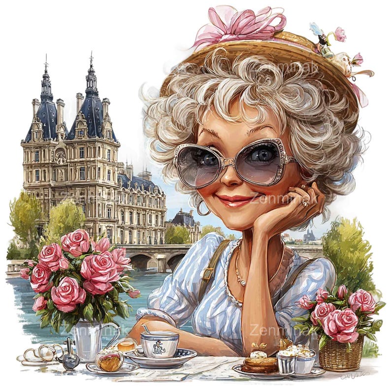 14 PNG Funny Senior Lady Clipart, Paris Cafe Coffee Illustration - Etsy