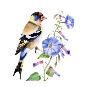 30 imágenes prediseñadas de jilguero europeo, ilustración de flores silvestres coloridas, arte de pájaro con máscara roja, descarga digital de escena de naturaleza primaveral