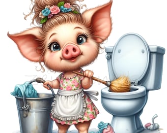 12 PNG Funny Pig Clipart, Cleaning Character Illustration, Whimsical Farm Animal Art