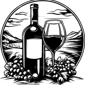 4 wijnfles en glas SVG, elegante wijngaardscène clipart voor Cricut, wijnthema ontwerp voor ambachten