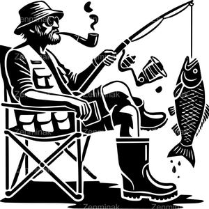 Détente pêcheur avec tuyau SVG, pêcheur à la ligne attrapant une silhouette de poisson, art numérique passe-temps de pêche en plein air