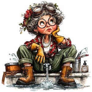 Puede incluir: Ilustración caprichosa de una mujer con atuendo de jardinería, con gafas protectoras, gafas redondas y un tocado floral. Está sentada, pensativa, con guantes amarillos y botas marrones. Un grifo vierte agua, sugiriendo un tema de jardinería.