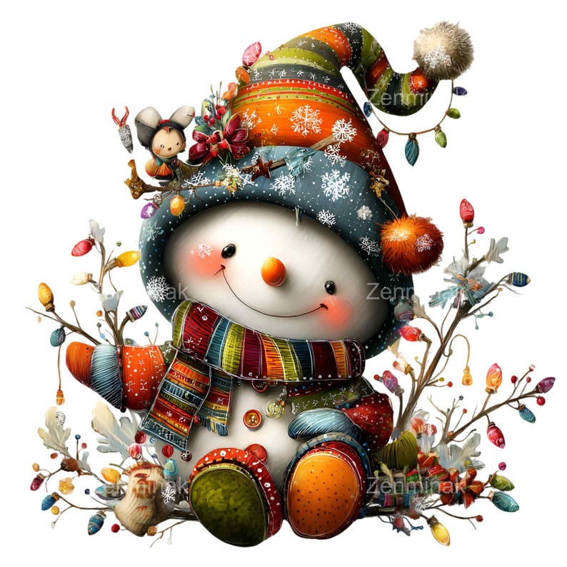 May include: A whimsical snowman illustration with a colorful hat, scarf, and mittens. The snowman has a carrot nose, button eyes, and a cheerful smile. Decorative lights and a small mouse add to the festive holiday theme. The snowman is surrounded by decorative branches.
