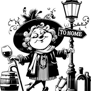 5 grappige dronken dame SVG-bestand knippen, vintage vrouw met wijn clipart, aangeschoten oma silhouet, humoristische retro digitale kunst
